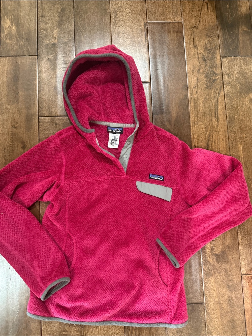 Patagonia Bright Pink women’s Fleece Hoodie with Gray Trim